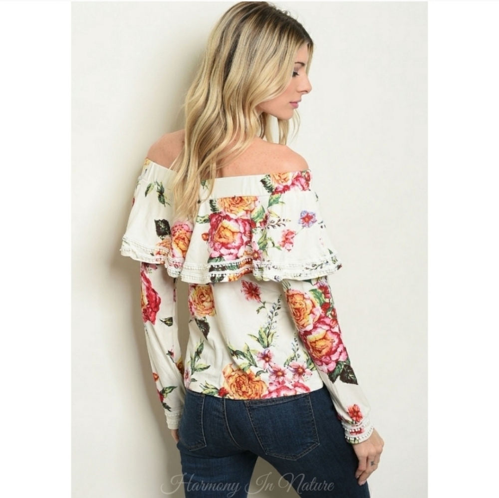 Soft Ivory Off Shoulder Floral Top - Picture 2 of 5